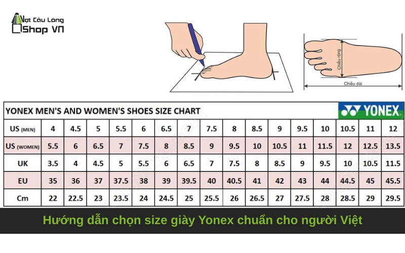 Hướng dẫn chọn size giày Yonex chuẩn cho người Việt